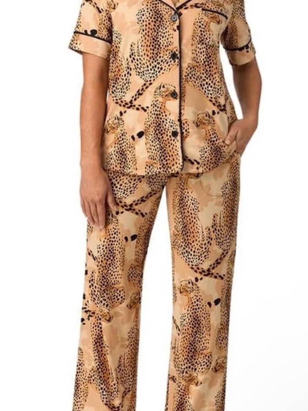 Leopard Print Satin Pajama Set - Beige
